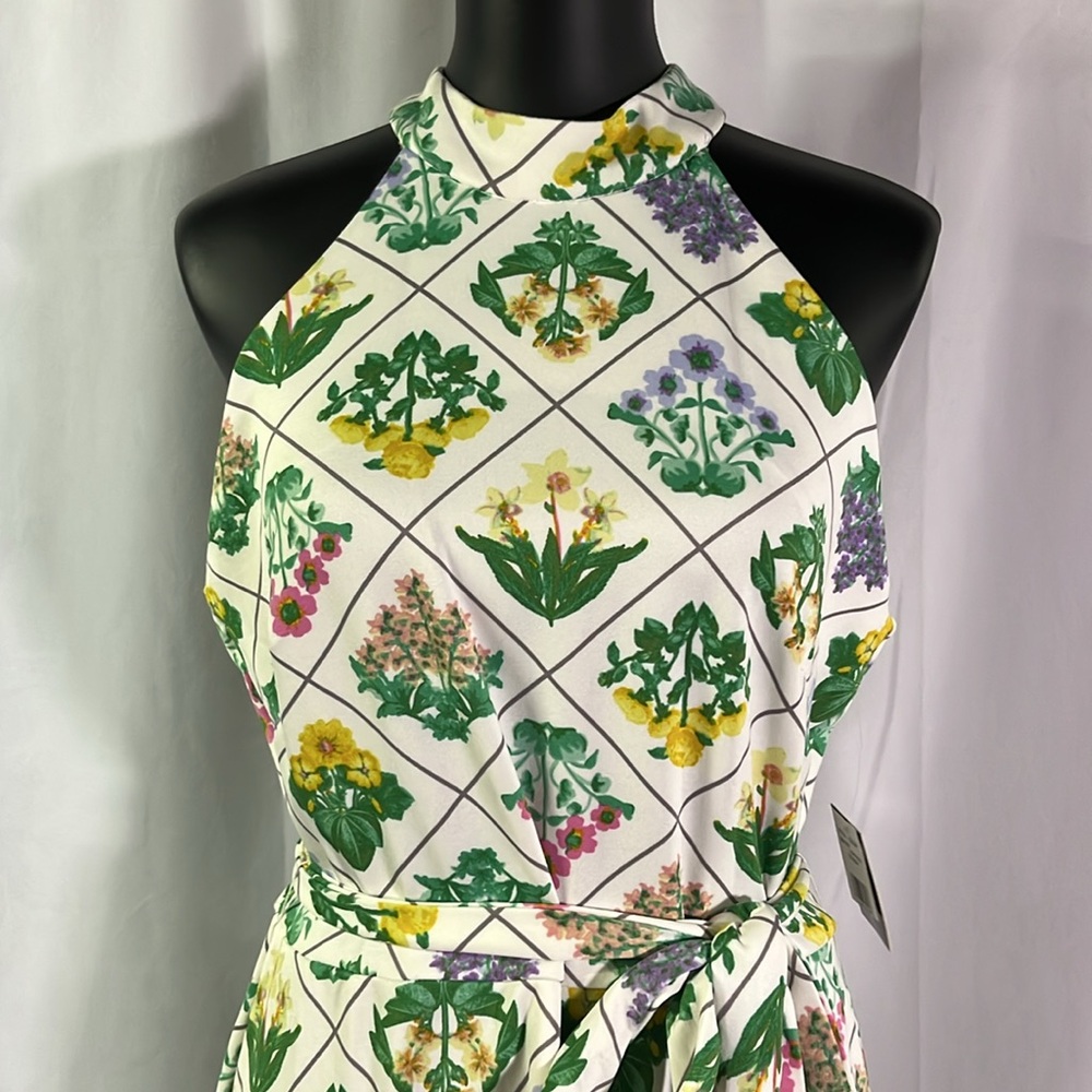 NWT Melonie T Floral Lattice Print Sleeveless High Neck Ruffle Hem Dress - Picture 4 of 16